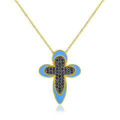 Blue Enamel Black Stone Cross Necklace